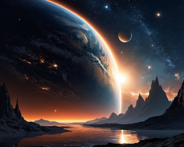 Vibrant Cosmic Landscape with Mountains and Water Reflection