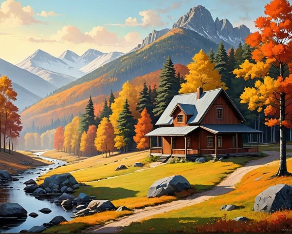 Autumn Landscape with Cabin and Winding Stream