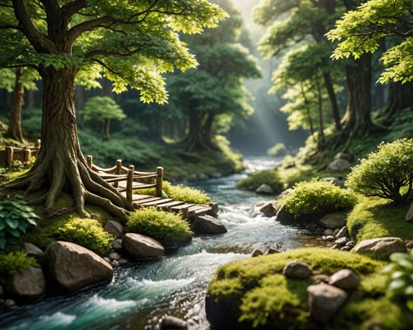 Serene Forest Scene with Stream and Wooden Bridge