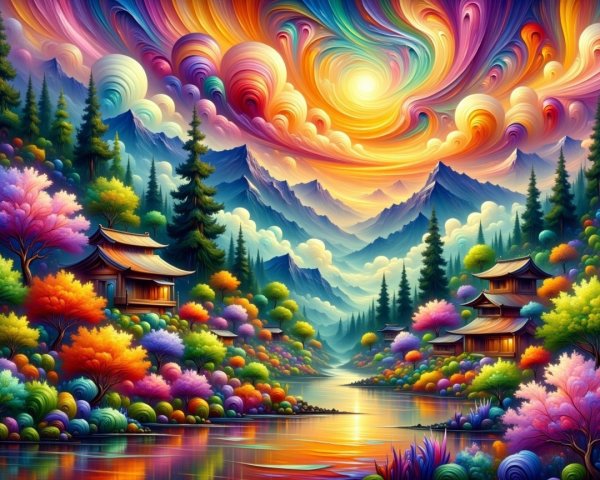 Vibrant Landscape with River and Majestic Mountains