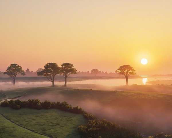 Tranquil Sunrise Landscape with River and Lush Hills