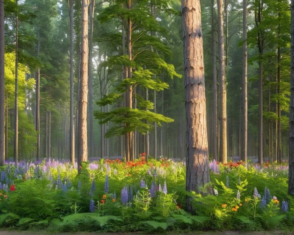 Serene forest scene with tall trees and wildflowers
