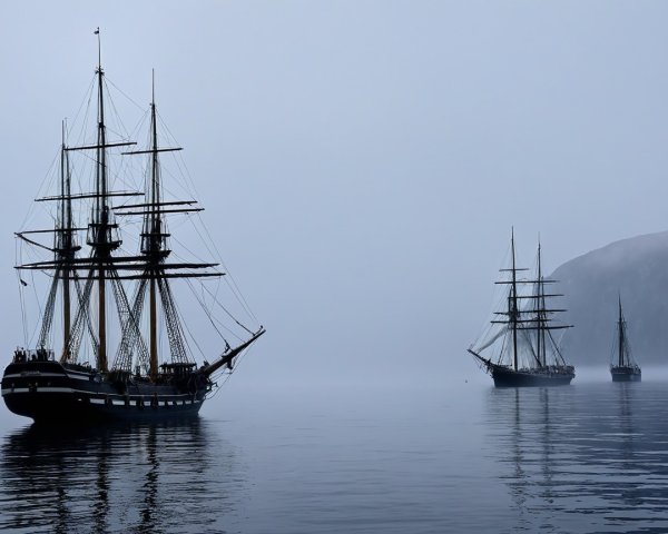 Tall Ships in Misty Seascape with Ethereal Atmosphere