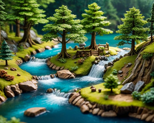 Miniature Landscape with Trees, River, and Waterfalls