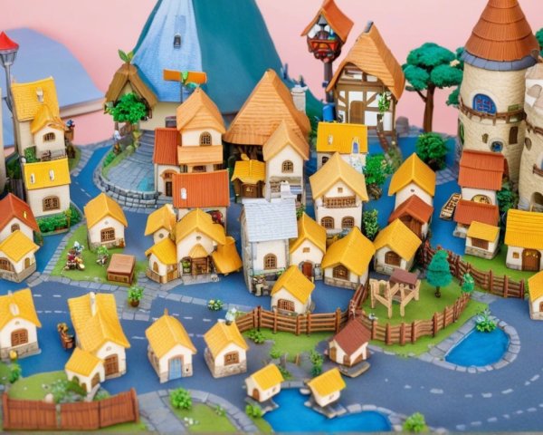 Miniature Village Scene with Colorful Houses and Pond