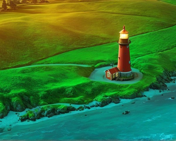 Vibrant Landscape with Red Lighthouse and Ocean View