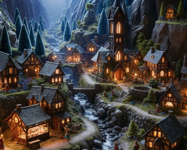 Miniature Village in a Serene Winter Valley Scene