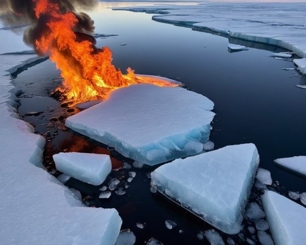 Flame Erupting from Ice in Polar Landscape