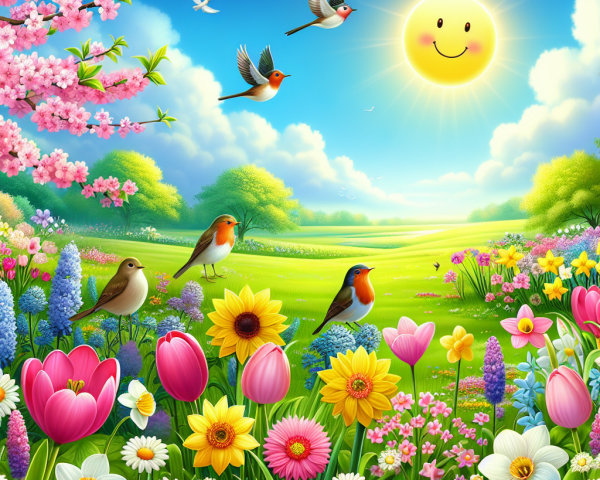 Vibrant Spring Scene with Colorful Flowers and Birds