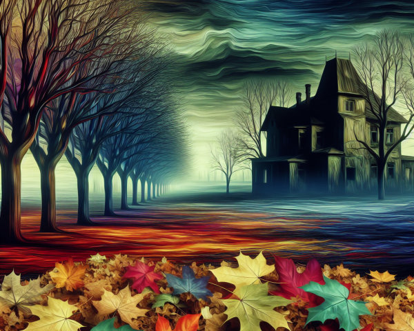 Autumn Scene with Victorian House and Colorful Leaves