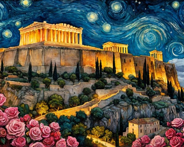 Vibrant Night Sky Over Acropolis with Pink Roses