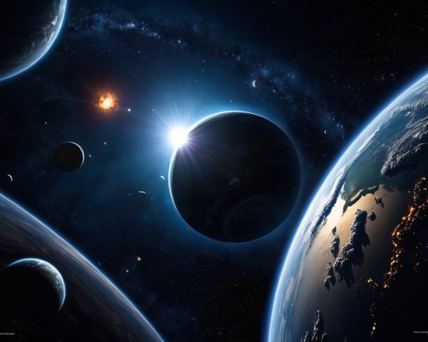 Cosmic Scene with Orbiting Planets and Stars