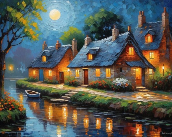 Charming Cottages by a Tranquil Waterway at Night