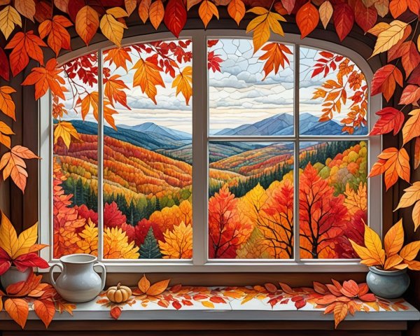 Autumn Landscape View with Colorful Leaves and Decor