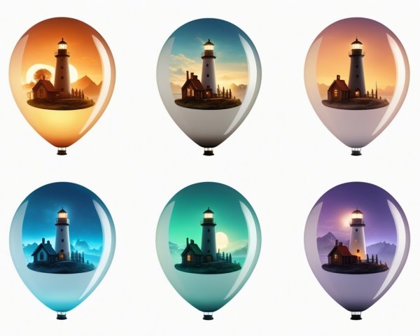 Collection of Balloons Featuring Lighthouses at Dusk