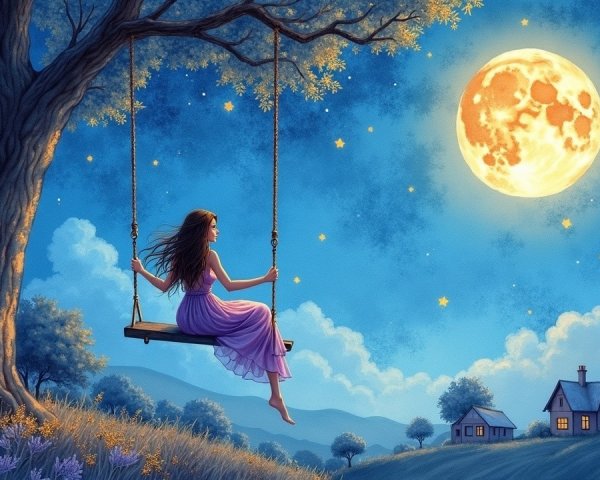 Tranquil Landscape Under Full Moon with Swinging Woman