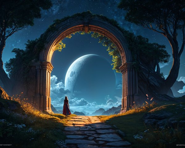 Fantastical Scene with Stone Archway and Celestial View