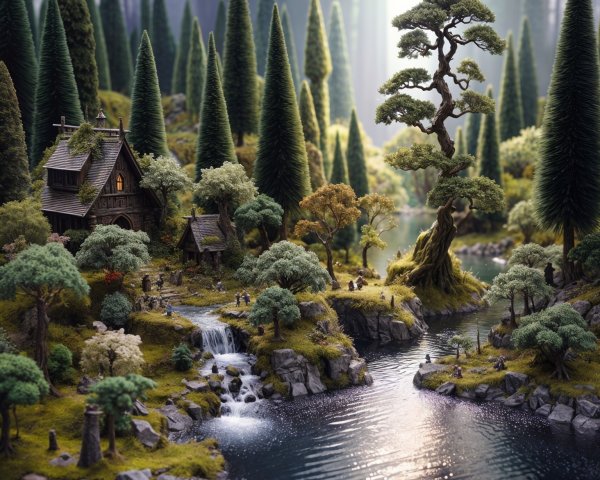 Serene forest scene with cabin and sparkling river