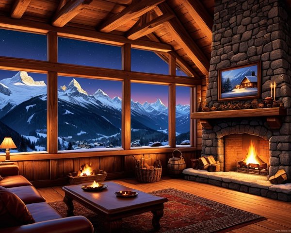 Rustic cabin interior with stone fireplace and mountains