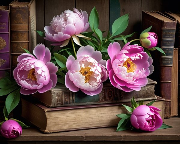 Pink Peonies on Vintage Books in Soft Natural Light