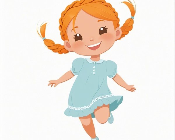 Cheerful Young Girl with Orange Braids in Blue Dress