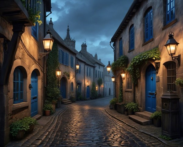 Charming Cobblestone Street Under Twilight Sky