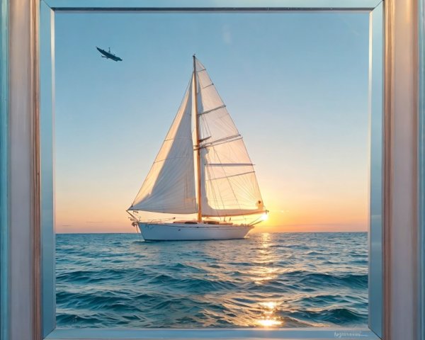 White Yacht Sailing at Sunset Over Calm Waters