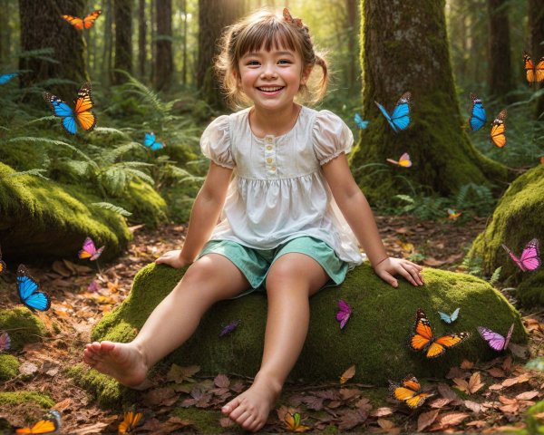 Joyful girl on mossy rock in sunlit forest scene