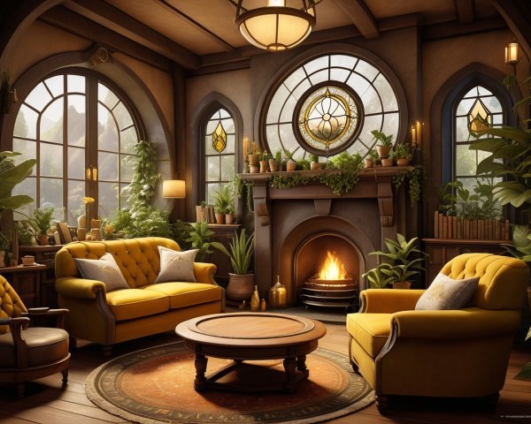Cozy room with arched windows and fireplace ambiance
