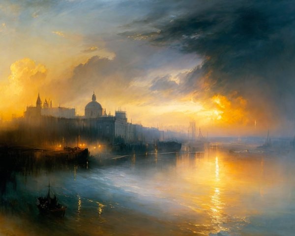 Dramatic Sunset Seascape with Silhouetted Buildings