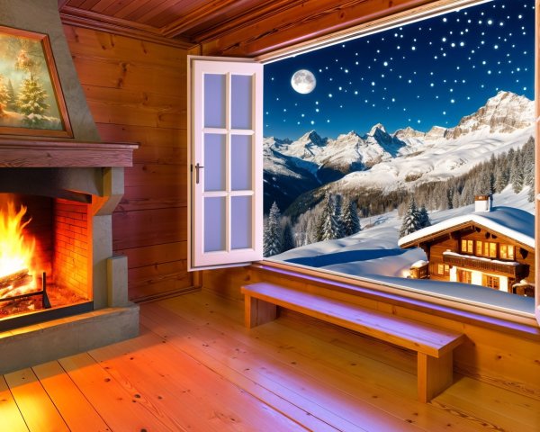 Cozy Wooden Cabin with Fireplace and Winter View