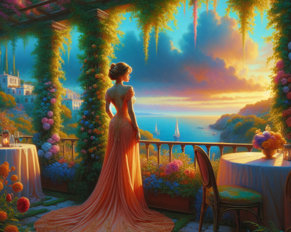 Elegant Woman on Balcony at Vibrant Sunset Over Sea