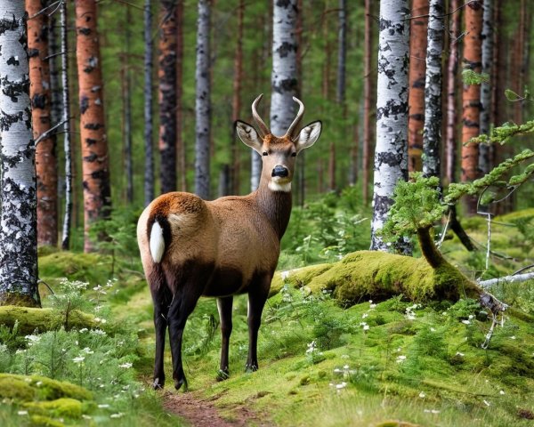 Majestic deer in a serene forest setting with birch trees