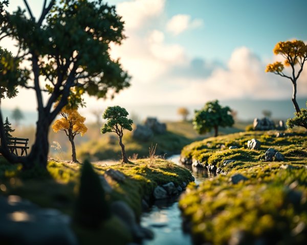 Serene Miniature Landscape with Hills and Stream