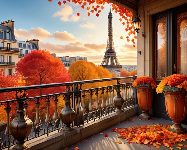 Charming Balcony View of Eiffel Tower in Autumn