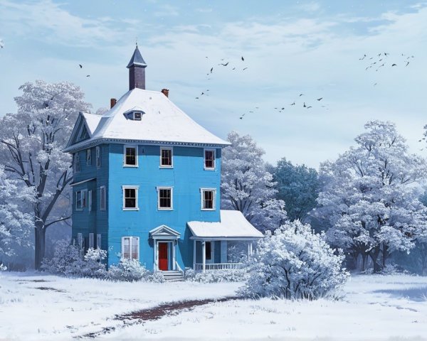 Blue House in Snowy Landscape with Red Door