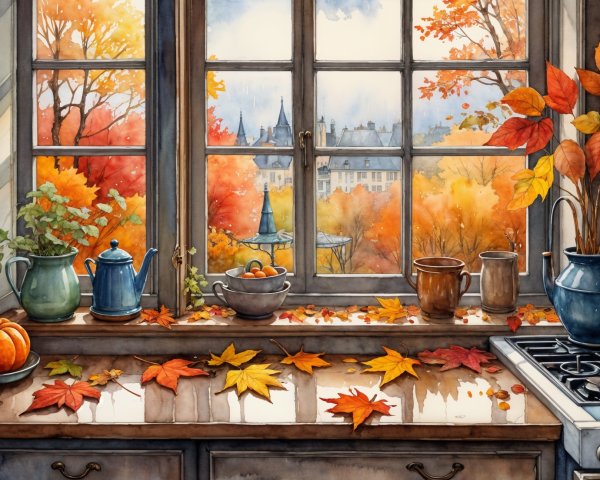 Cozy Kitchen Window Framed by Autumn Leaves