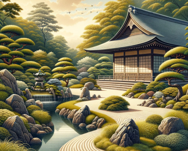 Serene Japanese Garden with Traditional Wooden Temple