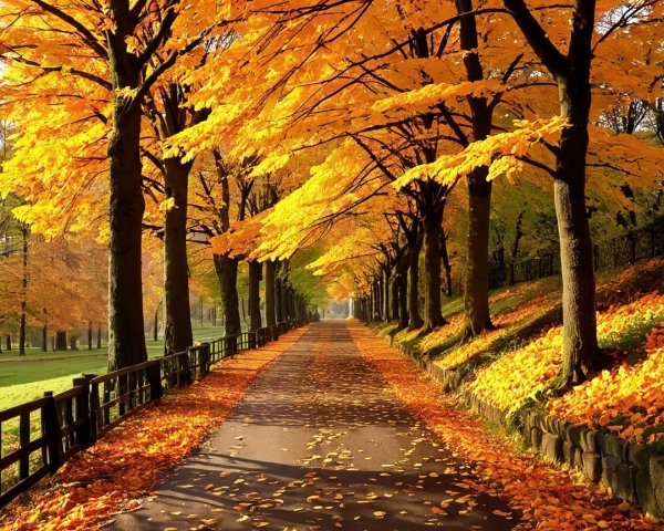 Autumn Landscape with Tree-Lined Pathway and Foliage