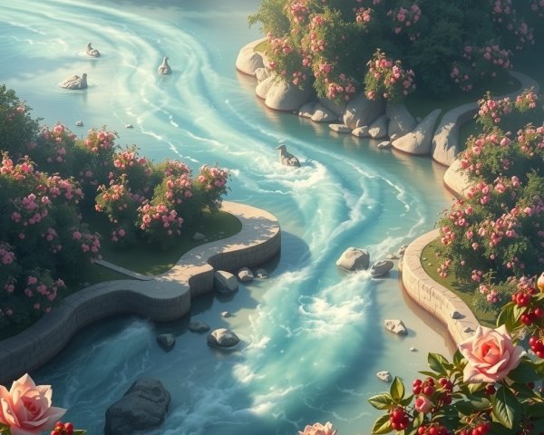 Serene River with Swans and Vibrant Pink Roses