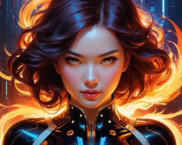 Close-up of a cyberpunk woman with fiery hair and suit