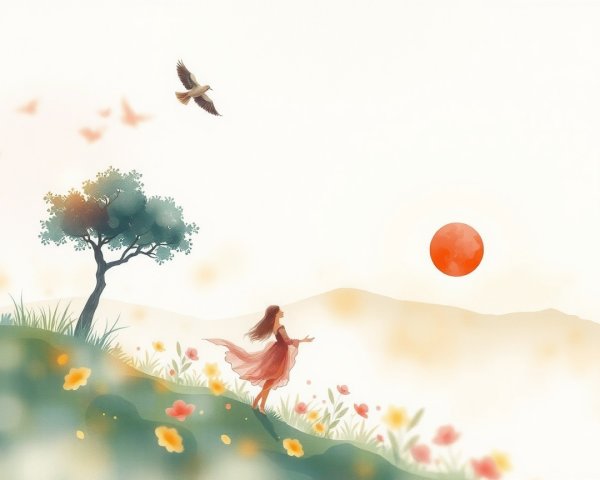 Serene Landscape with Woman in Red Dress at Sunset