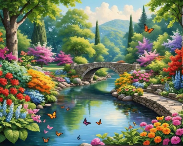 Tranquil Garden with Stone Bridge and Serene River