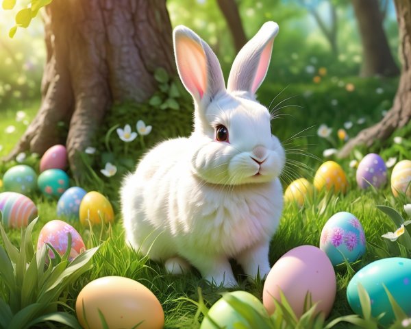 Fluffy Rabbit in Meadow with Colorful Easter Eggs