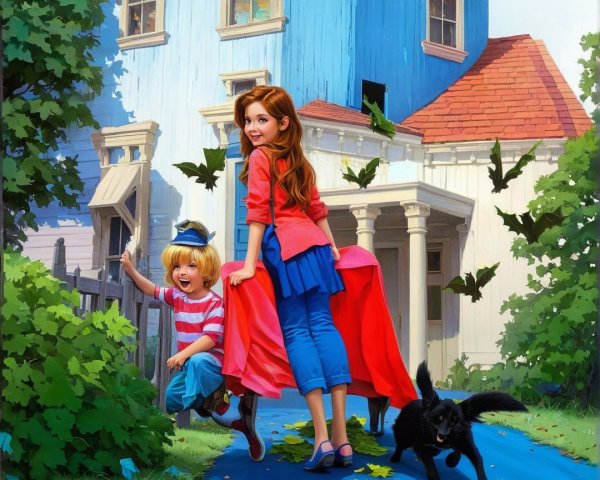 Cheerful Children in Front of Blue and White House