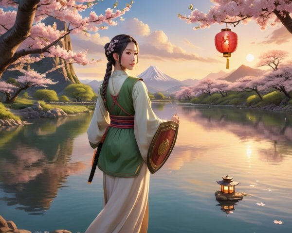Serene landscape with woman by tranquil cherry lake