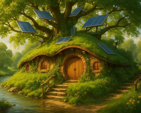 Hobbit House Illustration with Greenery and Solar Panels