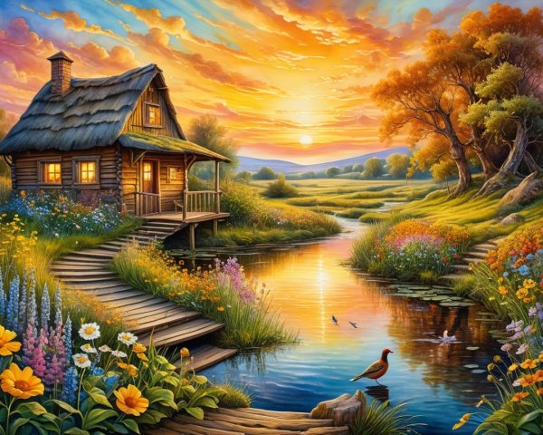 Log Cabin by Serene River at Sunset with Wildflowers