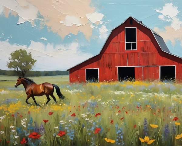 Vibrant Rural Landscape with Barn, Windmill, and Horse