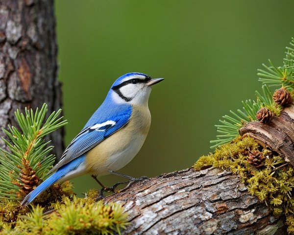 Blue-white Nuthatch on Mossy Branch in Pine Setting